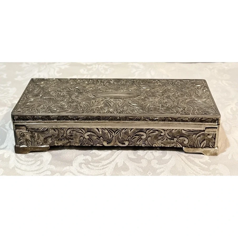 1992 Godinger Silver Jewelry Box Vtg  Floral Vine Heavy Storage Rectangle Baroqu